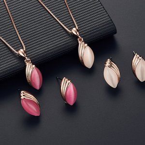 Leaf Shape Opal Decor Pendant Necklace Earrings Se